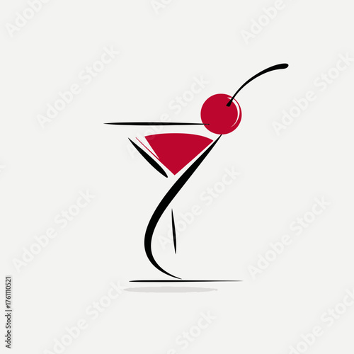 Elegant stylized cocktail glass illustration with a vibrant red cherry, ideal for bar menus, beverage branding, or sophisticated party invitations.