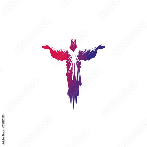 Stylized spiritual figure with outstretched arms in vibrant gradient colors. Graphic illustration symbolizing faith, hope, and divine peace.