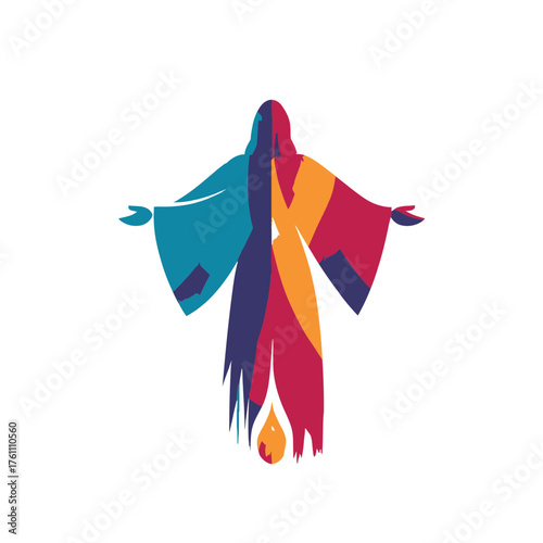 Colorful spiritual figure rising, abstract modern religious icon, divine inspiration, hope and faith symbol illustration.