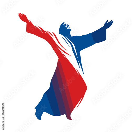 Spiritual figure with outstretched arms in patriotic red, white, and blue colors. Symbol of faith, freedom, hope, and worship.