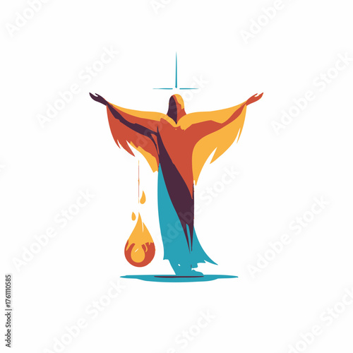 Modern abstract spiritual figure with outstretched arms, symbolizing divine light, grace, and sacrifice in vibrant colors.