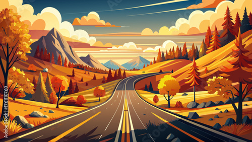 Very beautiful vintage highway framed by autumn colors and golden sunlight, evoking nostalgia and warmth, perfect for travelers seeking the magic of old American road trips and timeless journeys.