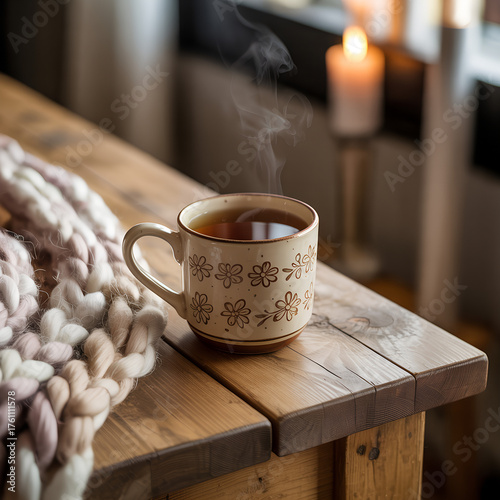 Steaming cup of tea on wooden table with cozy blanket and candles  