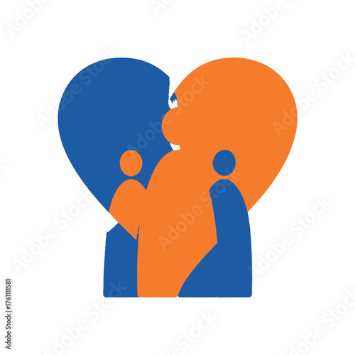 Abstract graphic illustration of a heart shape formed by two embracing figures, symbolizing family love, care, support, and community connection.