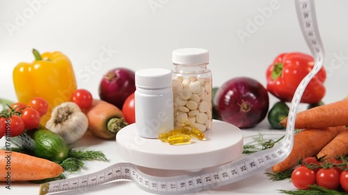 Vitamins and dietary supplements are displayed on a podium and covering by measuring tape, surrounded by fresh organic vegetables, highlighting a commitment to diet and wellness, slow motion