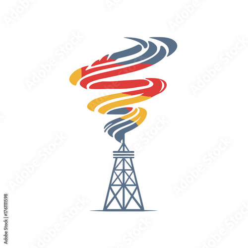 Industrial oil drilling rig emitting abstract colorful swirling smoke, symbolizing energy production, environmental impact, and economic factors.