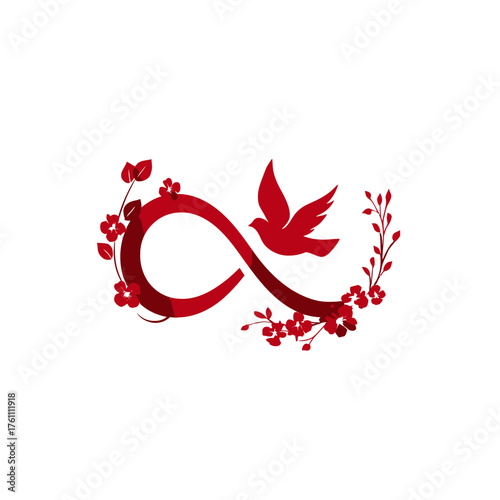 Elegant red infinity symbol adorned with delicate floral branches and a graceful flying dove, symbolizing peace, eternal love, and nature.