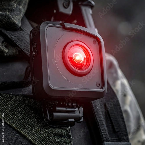 A small, square, black camera with a bright red lens attached to a vest