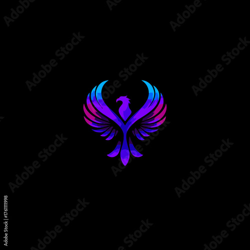Stylized phoenix mythical bird logo illustration with vibrant gradient wings in electric blue, purple, and magenta on a sleek black background.