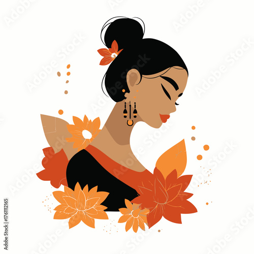 Beautiful serene woman illustration with dark hair and elegant floral elements. Peaceful female portrait with orange flowers.