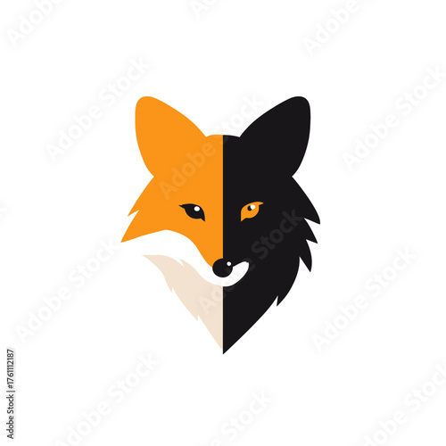 Modern minimalist fox head illustration in bold orange and black. Clever wild animal icon, graphic vector design.