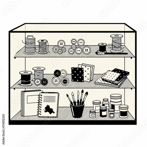 Vector items displayed in a craft storage organizer with supplies  