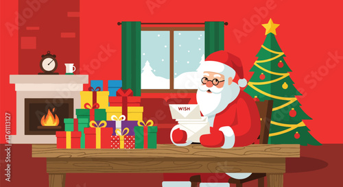 Flat vector of Santa reading children’s wish letters at desk surrounded by gifts, classic Christmas preparation theme