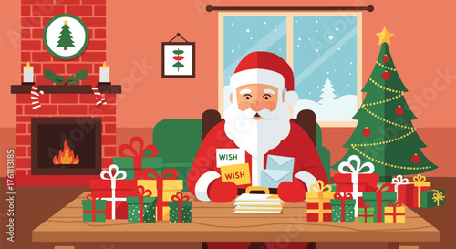 Flat vector of Santa reading children’s wish letters at desk surrounded by gifts, classic Christmas preparation theme