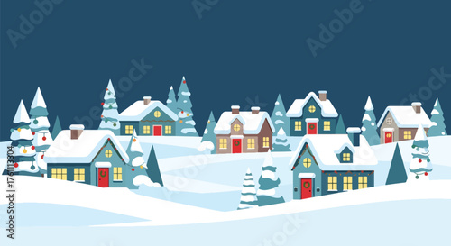 Flat vector of cozy snow-covered Christmas village with decorated houses and trees, peaceful festive winter scene