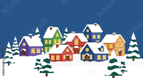Flat vector of cozy snow-covered Christmas village with decorated houses and trees, peaceful festive winter scene