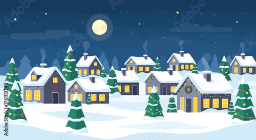 Flat vector of cozy snow-covered Christmas village with decorated houses and trees, peaceful festive winter scene