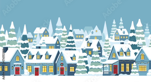 Flat vector of cozy snow-covered Christmas village with decorated houses and trees, peaceful festive winter scene