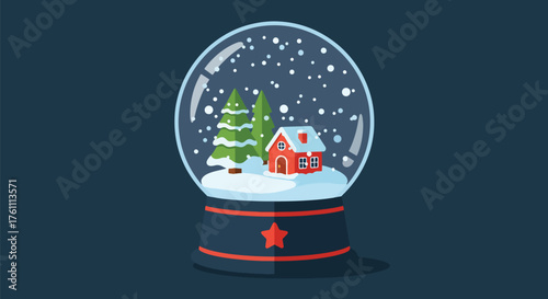 Flat vector of Christmas snow globe with tiny house and tree inside, magical festive holiday symbol