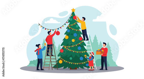 Flat vector of people decorating large outdoor Christmas tree in snowy town square, joyful community celebration