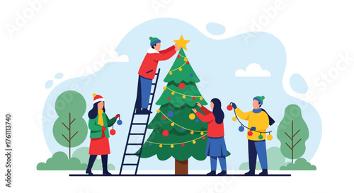 Flat vector of people decorating large outdoor Christmas tree in snowy town square, joyful community celebration