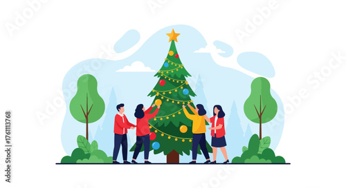 Flat vector of people decorating large outdoor Christmas tree in snowy town square, joyful community celebration