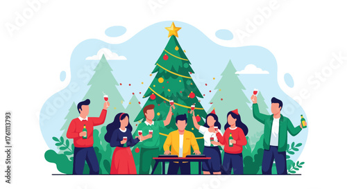 Flat vector of friends celebrating Christmas party indoors with music, DJ, drinks, confetti, and laughter, cheerful festive moment