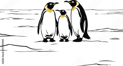 Penguin family outline on ice, hand-drawn, black bold stroke 1