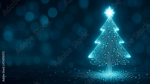 A futuristic Christmas tree with circuit details and a glowing star on a blue background with bokeh. Christmas and New Year's concept.