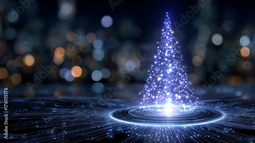 A futuristic digital hologram Christmas tree with glowing lights on a dark background with bokeh and copy space. Christmas and New Year's concept.