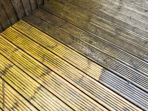 Before and after view of dirt and grime being cleaned from wooden decking using a pressure washer. DIY concept.