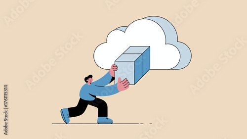 Man carrying a server tower towards a large 3d cloud symbolizing cloud computing and data storage solutions