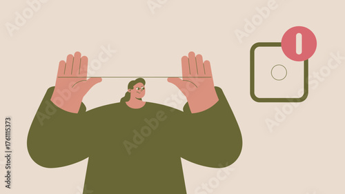 Woman stretching a thin line between her hands with a notification bubble on a phone screen symbolizing connection or communication challenges