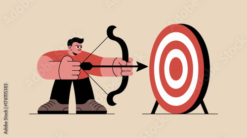 Man aiming a bow and arrow at a bullseye target representing focus precision and achieving goals with determination