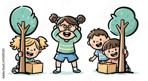 Joyful diverse children playing an active game of hide-and-seek outdoors, full of laughter and childhood fun