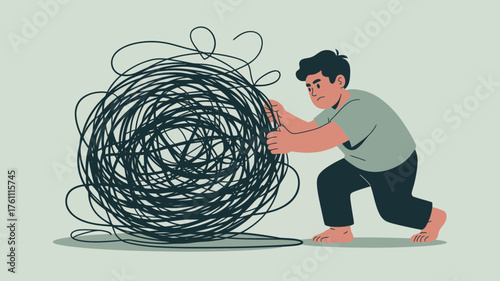 Man struggling to untangle a large chaotic ball of tangled string representing mental health challenges and complex problems