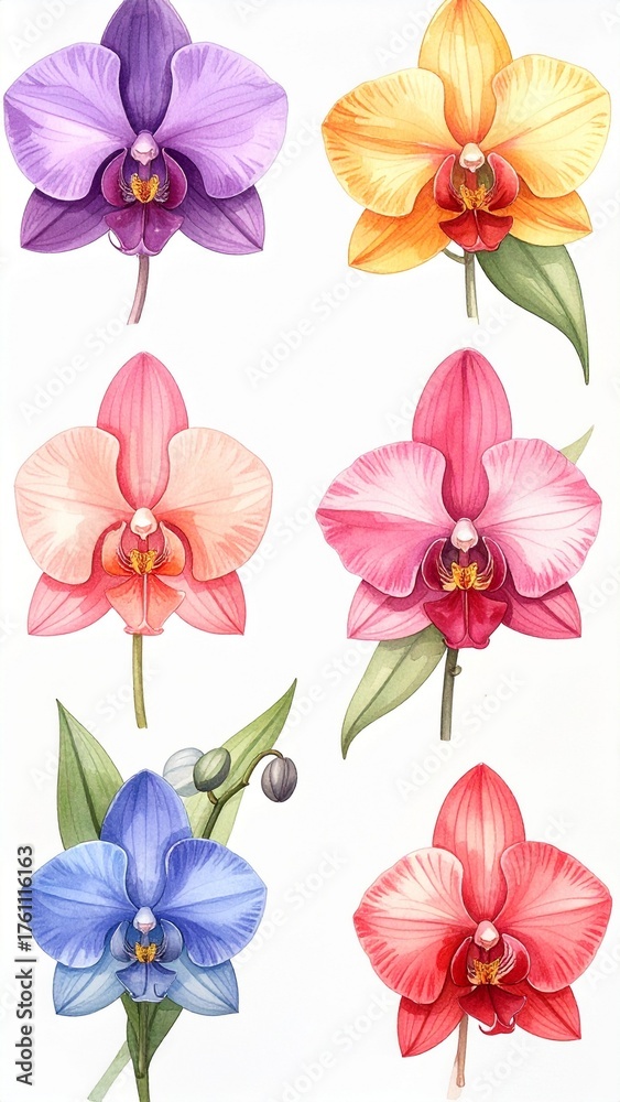 Fototapeta premium Vibrant Watercolor Collection of Six Different Colored Phalaenopsis Orchids on White Background