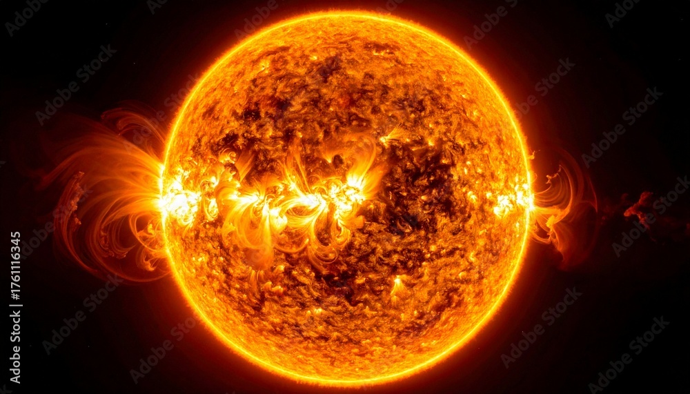 Fototapeta premium Fiery Sun with Erupting Solar Flares and Plasma Loops: Detailed View of Intense Stellar Activity and Coronal Ejections