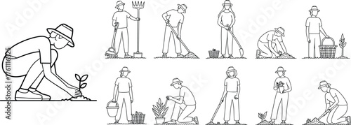 cad drawing flat vector illustration, gardener people working in garden, planting trees, watering plants, harvesting vegetables, agriculture concept design