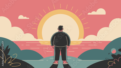 A lone figure stands facing a vibrant sunrise over the ocean symbolizing hope and new beginnings