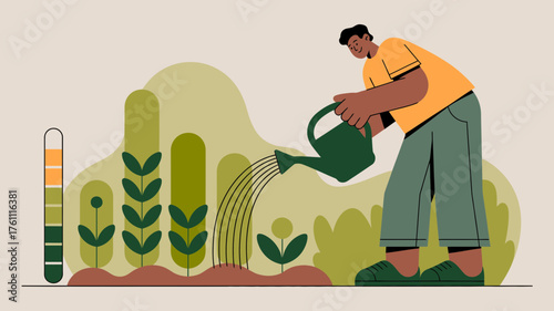 A man with a watering can tends to a lush green garden with stylized plants and a thermometer indicating healthy growth and hydration