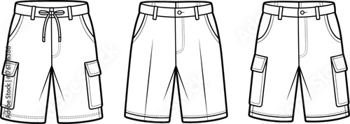 Men cargo shorts vector, flat fashion design template, casual summer shorts illustration, technical clothing drawing, front view apparel sketch