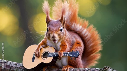 Funny red squirrel playing guitar and singing in the forest. High quality FullHD footage