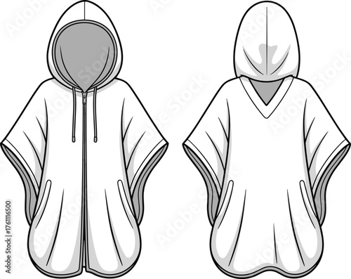 Hooded poncho technical flat vector, front and back fashion illustration, casual unisex outerwear design template, loose fit garment drawing