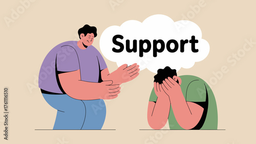 Empathetic person offering comfort and support to another individual experiencing distress and sadness with a speech bubble above