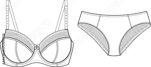 Lingerie set CAD drawing, lace bra and panty vector illustration, women underwear fashion design, detailed apparel flat vector template