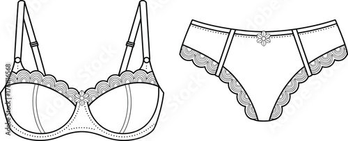 Lingerie set vector illustration, elegant lace bra and panty design, fashion CAD drawing for women’s underwear collection