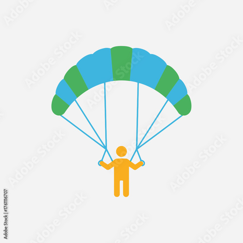 Person with parachute descending against light background.