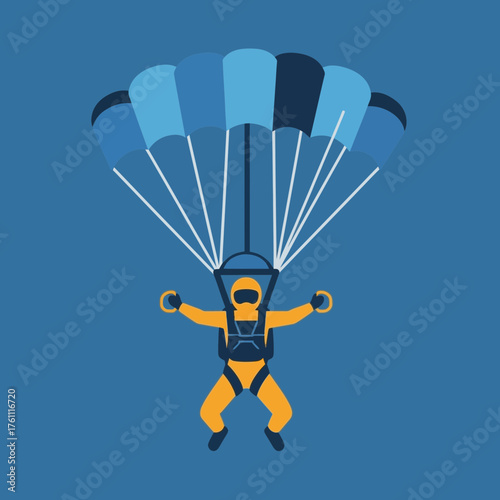 Person in yellow suit skydiving with blue parachute.