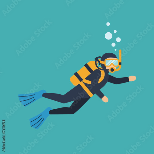 Diver with scuba gear swimming underwater with bubbles.
